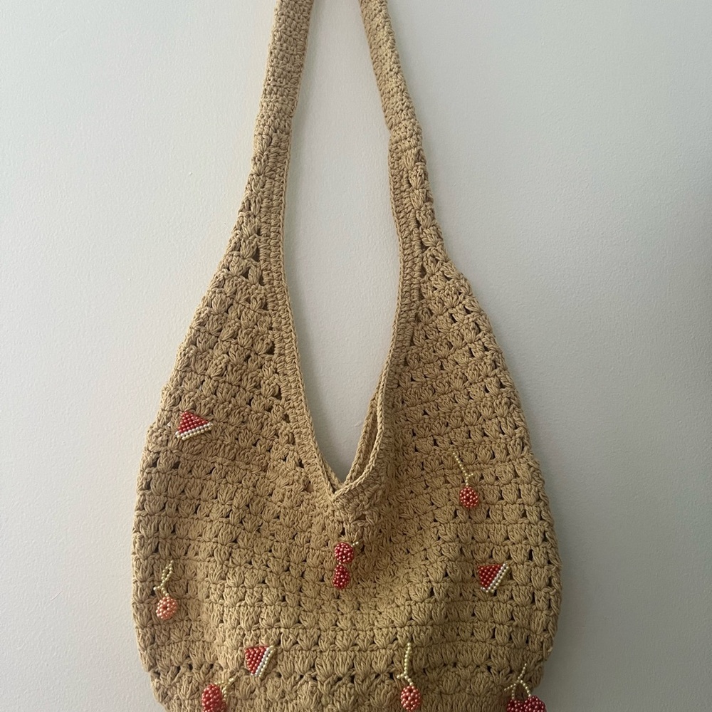 Handcrafted Beige Crochet Bag with Berry Accents
